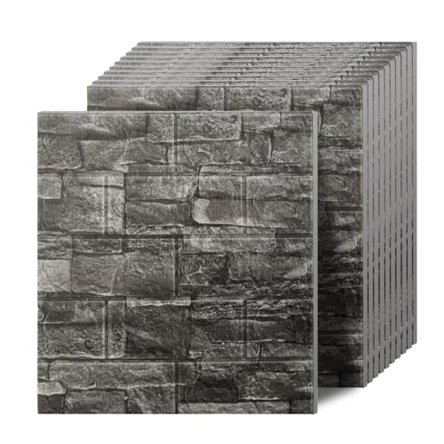 3D Wall Panels Peel and Stick in Black Grey, 40 PCS XPE Foam 3D Wallpaper, Faux Brick Wall Panels for Bedroom, Stairs, Kitchen - color: Black Rock, size: 40PCS