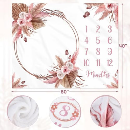 Floral Boho Baby Monthly Milestone Blanket Little Girl Bohemian Photo Prop Blanket Personalized Bliss Baby Present Pampas Grass Ideas for Newborn Princess Pinkk Nursery Décor 40" X 50"