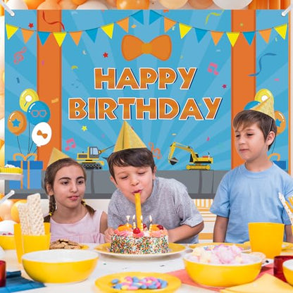 Cartoon Orange Blue Theme Happy Birthday Photography Backdrop, 7x5ft Background Photo Booth Banner Props for Kids Girls Boys Birthday Baby Shower Holiday Party Decorations Supplies - size: 7x5ft / 84" Lx60" W