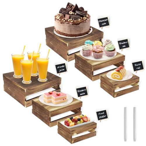 6 Pcs Buffet Risers with Mini Signs, Rustic Wood Cake Stands, Food Risers for Buffet Table, Dessert Display Stand, Wood Crates, Rustic Cake Stand for Party, Wedding, Birthday, Baby Shower, 3 Sizes - color: Rustic Dark Brown, size: 6 Pcs (8.0", 7.0" ,6.5")