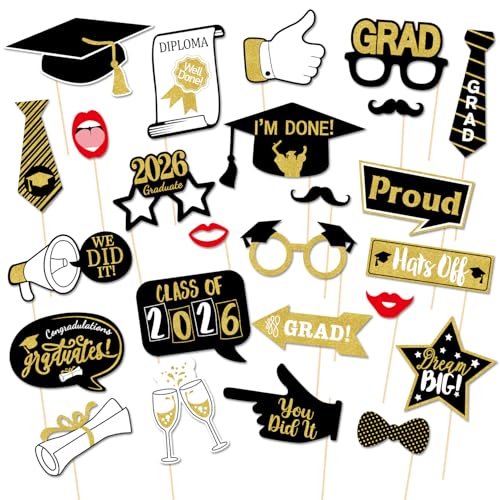 OURUOLA Black-Gold Graduation Party-Decorations Photo-Booth Props - 25pcs diy Funny Glasses Cap 2026 Class Congrate Grad Photography Props Decor,College Favors Gifts Supplies - color: 2026 Graduation Photo Booth