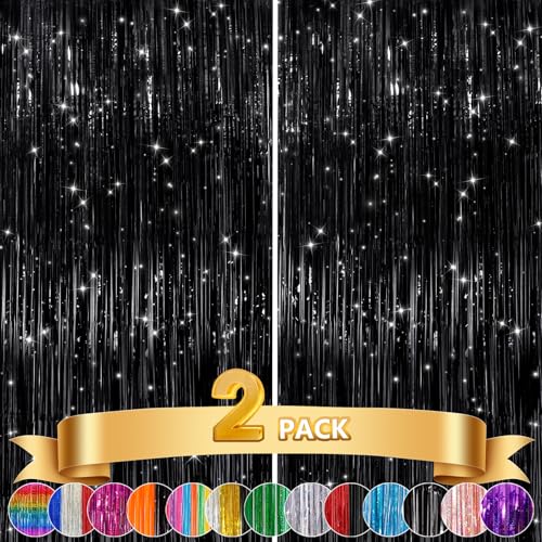 GCB 2Pack Black Metallic Tinsel Foil Fringe Curtains, Black Foil Curtain Backdrop, Photo Booth Props for Birthday Wedding Baby Shower Bachelorette Xmas Celebration Party Decorations Door Streamers - color: Black