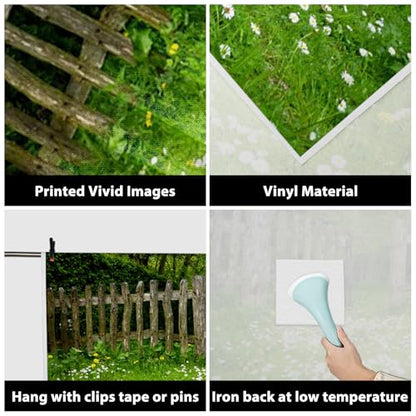AOFOTO 5x3ft Spring Garden Daisy Flower Backdrop Rustic Wood Fence Summer Meadow Photography Background Forest Wonderland Grass Florets Country Hiking Suburbs Picnic Girl Boy Scouts Photo Studio Props - size: 5x3ft