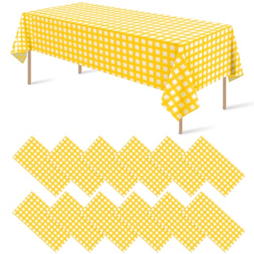 12Pack Yellow and White Plastic Checkered Tablecloth, Premium Decorative Disposable Yellow Gingham Plaid Table Cloths for Parties, Rectangle Party Table Cover for Picnic Birthday Wedding, 54x108 Inch - color: Yellow Checkered, size: 54"x108"-12 Pack