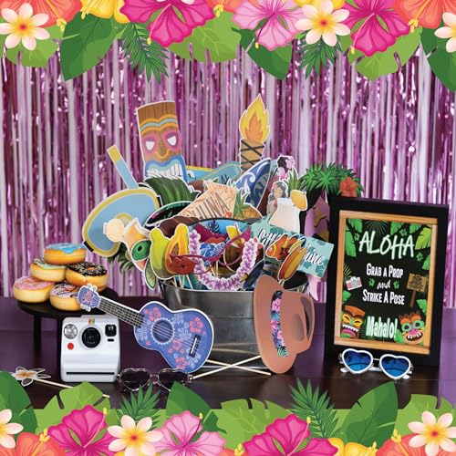 Hawaiian Photo Booth Props - 41-pc Luau Photo Props Kit with 8 x 10-Inch Sign, 60 Glue Dots, 45 Sticks - Vacation Props - Photo Booth Props Summer