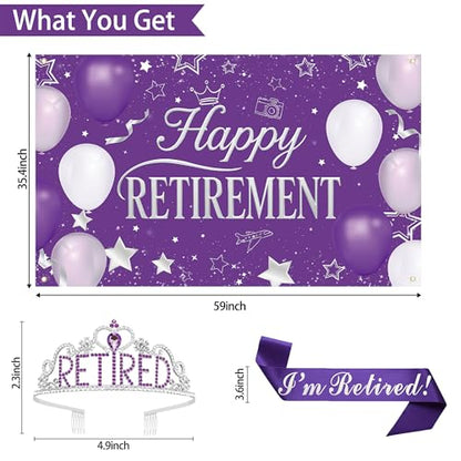 Holkcog Purple Retirement Party Decorations for Women, Silver Purple Happy Retired Banner Backdrop Paper fan Hanging Swirls for Coworker, I'm Retired Sash & Tiara Set, Great for Retiring Women Supply - style: Purple