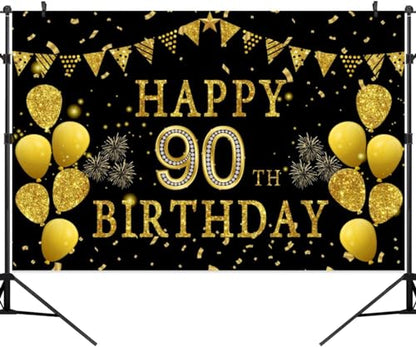 5x3ft Happy 90th Birthday Party Photography Backdrop, Glitter Black and Gold Balloons Background for Woman Man Fabulous 90 Bday Shining Diamond Ninety Years Old Birthday Party Supplies - color: 90th, size: 5x3ft