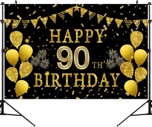 5x3ft Happy 90th Birthday Party Photography Backdrop, Glitter Black and Gold Balloons Background for Woman Man Fabulous 90 Bday Shining Diamond Ninety Years Old Birthday Party Supplies - color: 90th, size: 5x3ft