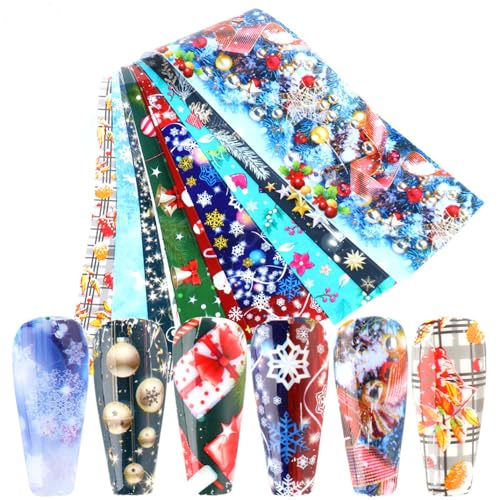 Christmas Nail Foil Transfer Stickers 10 Sheets Xmas Nail Art Stickers Decals Winter Santa Claus Snowflake Bells Nail Decals Supplies for Women Christmas Manicure Nail Film Decorations - style: Christmas