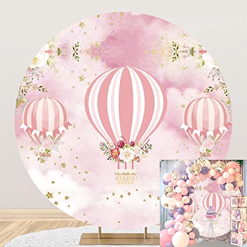 Polyester Pink Hot Air Balloons Round Backdrop Cover 6.5x6.5ft Rustic Floral Plants Glittering Stars Photography Background for Kids Girls Birthday Party Baby Shower Newborn Baby Portrait Props - color: Pink, size: 6.5x6.5ft-Diameter
