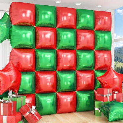 Red Green Square Foil Balloon Wall,25Pcs Double Sided Balloon Backdrop Helium Balloons Tunnel Arch Garland Kit for Christmas Birthday Anniversary Party Decorations - style: Red Green