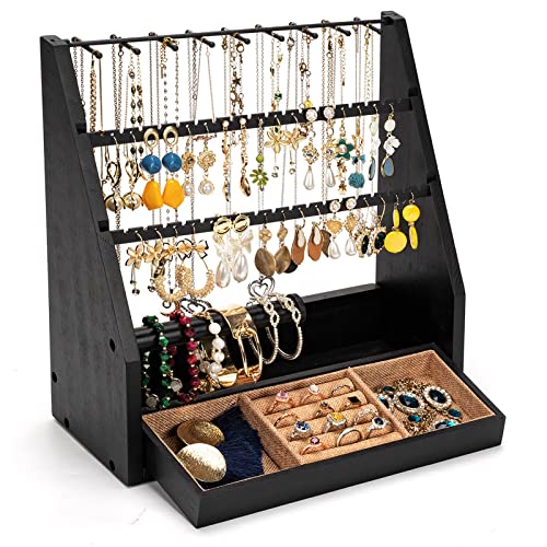 DGWJSU Earring Organizer, 5 Layer Earring Holder Organizer with Necklace Holder, Rustic Wood Jewelry Organizer Stand Display for Stud Earring Bracelet Necklace Ring, Watches - color: Black