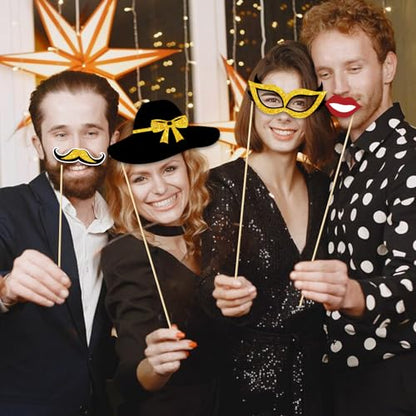 Turypaty Birthday Party Decorations for Boys & Girls - Black & Gold Photo Booth Props & Selfie Frame Set