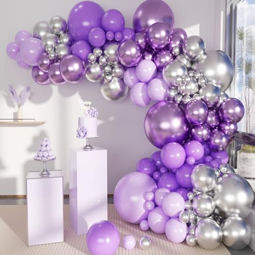 MEBAY Grey Violet Maca Purple Silver Balloons Garland Arch Kit, 146Pcs Latex Balloons Different Sizes 18 12 10 5 Inch for Party Decoration Birthday Wedding Engagements Anniversary Baby Shower - color: 141-grey Violet-maca Purple-silver