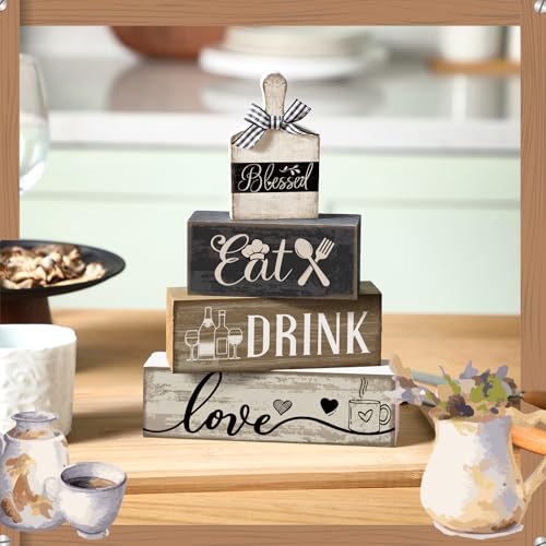 Moucuny 4 Pcs Farmhouse Kitchen Decor Wooden Plate Farmhouse Table Decor Black Brown and White Plate Tableware Centerpiece Rustic Decorative Plates Block Sign for Display Cabinet Kitchen Decoration - style: Farmhouse