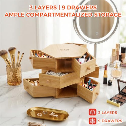 360° Rotatable Bamboo Desktop Organizer, Large Capacity Cosmetic & Jewelry Storage for Makeup Serum, Diamond, Easy Setup No Assembly (4-Tier 12-Drawers)