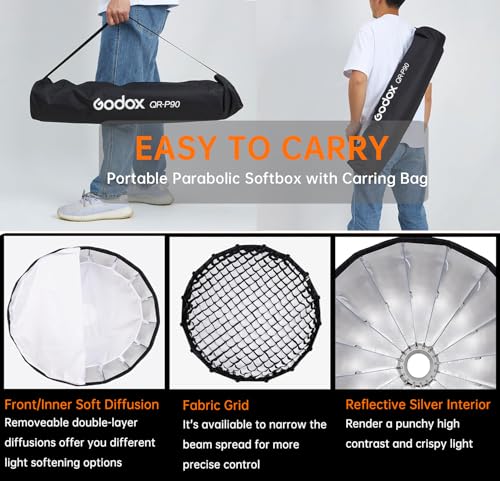 Godox Parabolic Softbox Quick Release,QR-P70 27.5”/70cm Portable Bowens Mount Sof tbox with Honeycomb Grid,Carry Bag,Front/Inner Diffuser for Professional Photography Studio Portrait Video Shooting - size: QR-P70