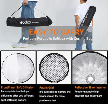 Godox Parabolic Softbox Quick Release,QR-P70 27.5”/70cm Portable Bowens Mount Sof tbox with Honeycomb Grid,Carry Bag,Front/Inner Diffuser for Professional Photography Studio Portrait Video Shooting - size: QR-P70