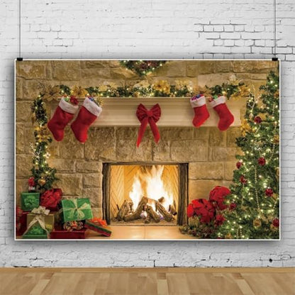 7x5ft Christmas Fireplaces Backdrop Marble Fireplace Blazing Flames Christmas Tree Stockings Photography Background Family Party Kids Adult Portraits Decor Banner Studio Photo Props - size: 7x5ft-polyester