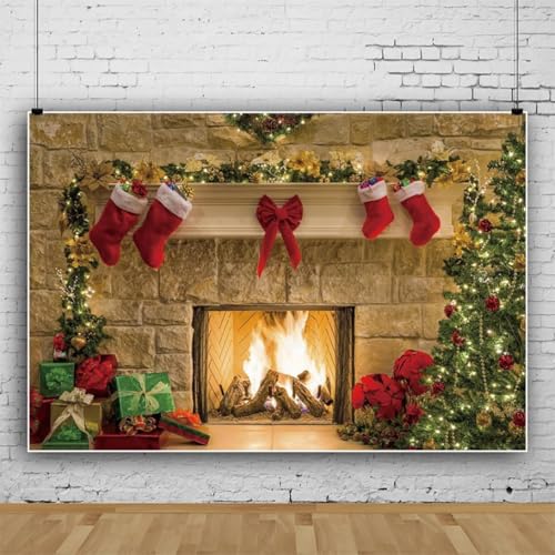 10x6.5ft Christmas Fireplaces Backdrop Marble Fireplace Blazing Flames Christmas Tree Stockings Photography Background Family Party Kids Adult Portraits Decor Banner Studio Photo Props - size: 10x6.5ft-polyester