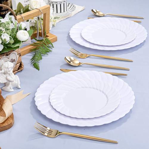 U-QE 100 Count White Plastic Plates for Party - 7 Inch Scalloped Dessert Plates Disposable Heavy Duty - Premium Hard Plastic Appetizer/Cake Plates for Party, Wedding, BBQ, Picnic and Graduation - color: 7Inch-100pcs-White