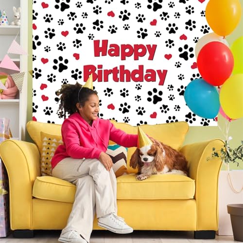 Renaiss 8x6ft Pet Footprints Birthday Backdrop Red Hearts Dog Cat Paw Prints Birthday Background for Photography Pet Themed Happy Birthday Party Banner Cat Dog Footprints Birthday Photo Booth Props - color: Paw792, size: 8x6ft