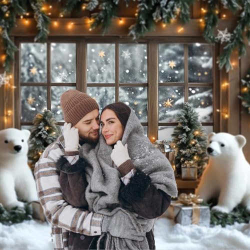 AIBIIN 7x5ft Winter Christmas Backdrop Window Snowy Xmas Pine Trees Forest View Photography Background Winter Christmas Cute Bear Gift Photo Backdrop - color: Bear, size: 7x5ft