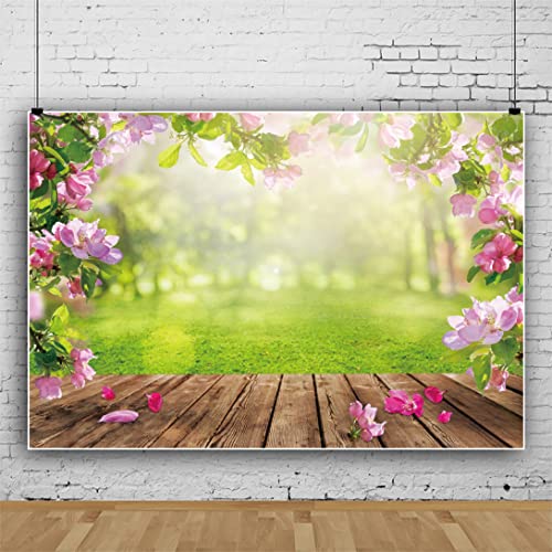 Renaiss 7x5ft Spring Nature Scenery Pink Flower Blossom Green Leaves Wood Floor Park Floral Meadow Photography Background for Wedding Baby Shower Birthday Party Decor Photo Studio Props - color: WSNKY03100, size: 7x5ft