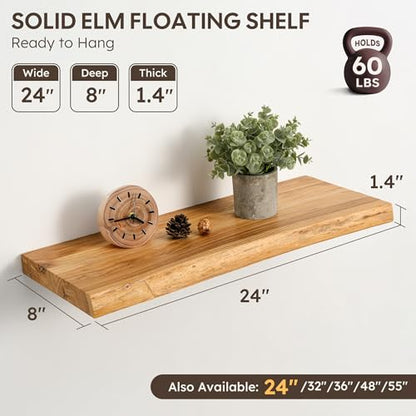Floating Shelves Set of 2, Solid Elm Wood Wall Shelves 24 Inch - Invisible Bracket Mount for Living Room, Bedroom, Kitchen, Bathroom - Natural - color: Clear Natural, size: 24"L, 2-Pack