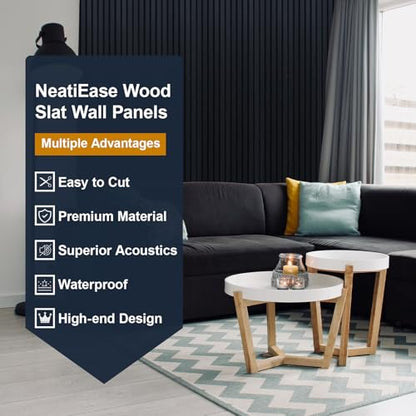 NeatiEase Wood Slat Wall Panels, 4-Piece 96" x 12.6", Soundproof & Noise Cancelling, Acoustic Wall Panels (Black) - color: Black, size: 96" x 12.6"