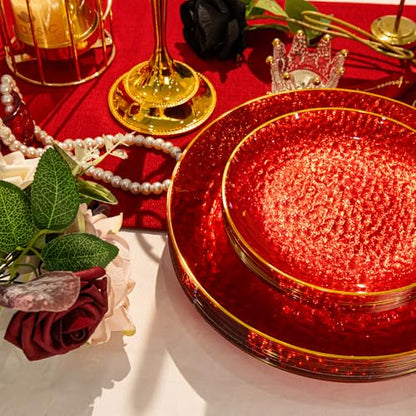 Rubtlamp 60 Pcs Red Plasitc Plates, Gold Red Disposable Plates, Fancy Party Plates, Hammered Plastic plates Include 30 Dessert Platos, 30 Dinner Platos for Party - color: Clear Red Gold