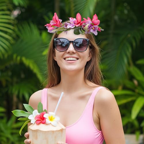Hawaiian Flower Hair Accessories, Pink Hawaii Floral Headpiece, Adjustable Tropical Leis Flower Crown Headband for Women Girls Lei Hula Dance Dress Up Accessory Summer Beach Party Decoration - color: Rose-Purple