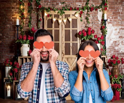 Valentines Backdrop 10x8ft Red Rose Rustic Wood Door Brick Wall Valentine's Photo Backdrops for Photography Background Valentine Decorations for Party Birthday Photo Booth Props - color: Brown, size: 10x8ft
