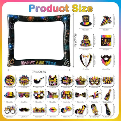 2026 New Year Photo Booth Inflatable Frame Kit, 30Pcs Colorful Neon New Years Photo Booth Props with Inflatable Picture Frame for New Year Eve Party Selfie Props Supplies - color: Colorful