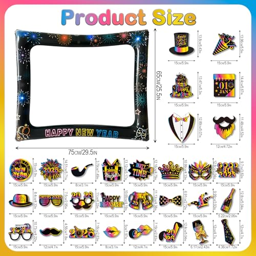 2026 New Year Photo Booth Inflatable Frame Kit, 30Pcs Colorful Neon New Years Photo Booth Props with Inflatable Picture Frame for New Year Eve Party Selfie Props Supplies - color: Colorful