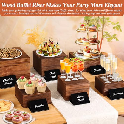 Qinzave 7 Pack Wooden Risers Display Stands with Acrylic Maker Pen and Mini Sign, Food Risers for Buffet Table Shelf Display Stand for Party Catering Dessert Cupcake Jewelry - size: 8.8" 8" 7" 6.5" 6" 5" 5"