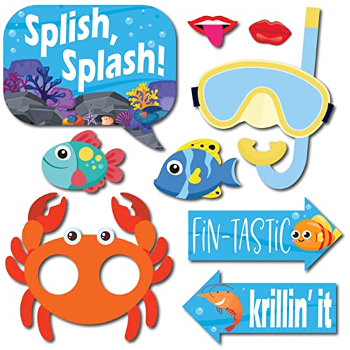 Under The Sea Photo Booth Props - 41-pc Photobooth Kit with 8 x 10-Inch Sign, 60 Adhesive Pads, 45 Sticks - Under The Sea Decorations - Under The Sea Party Decorations