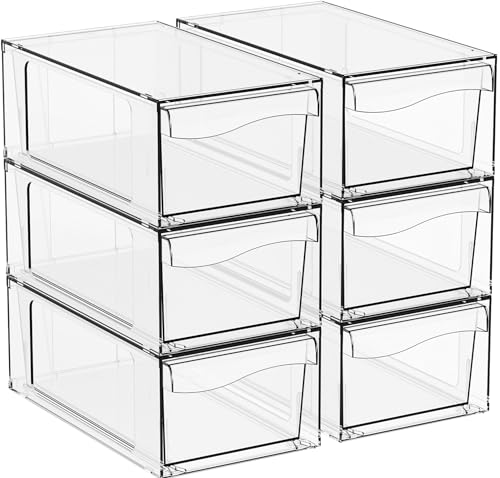 Yieach 6 Pack Clear Stackable Storage Drawers,4.5" Tall Acrylic Makeup Organizer Drawers and Medicine Cabinet Organizers,Pull Out Plastic Bathroom Closet Organizer for Hair Clip,Baby Bottle,Pacifier - color: Clear-6''x11''x4.4''High, size: 6 PACK