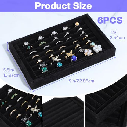 MAQUITA 6 Pcs Jewelry Ring Tray 7 Slots Ring Organizer Stackable Holder for Jewelry Display Drawer Insert for Dresser Earring, Black