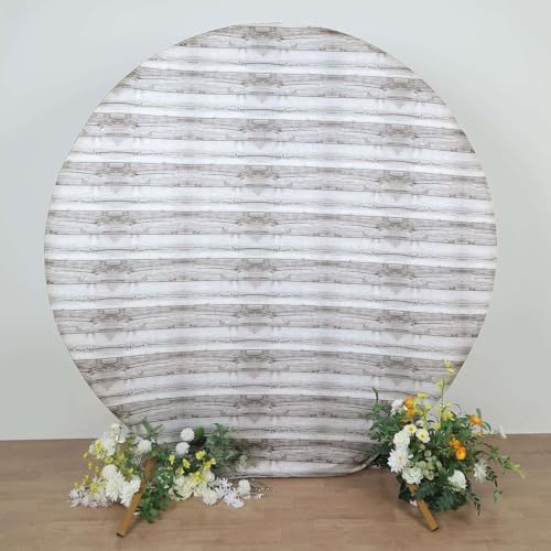Efavormart 7.5ft White Rustic Wood Plank Round Spandex Backdrop Cover, Double Sided Weathered Wood Pattern Arch Slipcover for Shabby Chic and Coastal Decor - color: Warm White, size: Round
