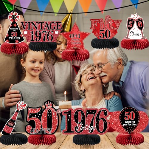 9Pcs 50th Birthday Decorations Red and Black 50th Birthday Party Decorations for Women,Happy 50 Years Vintage 1976 Aged Honeycomb Centerpieces Table Sign Decor Supplies - color: Red Black 50th