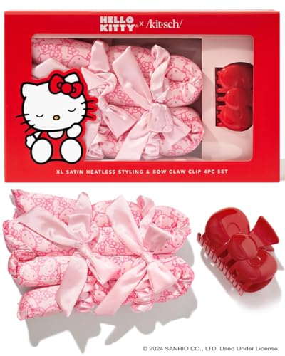 Hello Kitty x Kitsch XL Satin Heatless Curling Set- Heatless Hair Curler To Sleep In for Frizz-Free & Soft Curls, Comes with Bow Shape Design Hair Claw and Satin Scrunchies, Gifts for Women, 4pc Set - color: Pink Kitty Faces