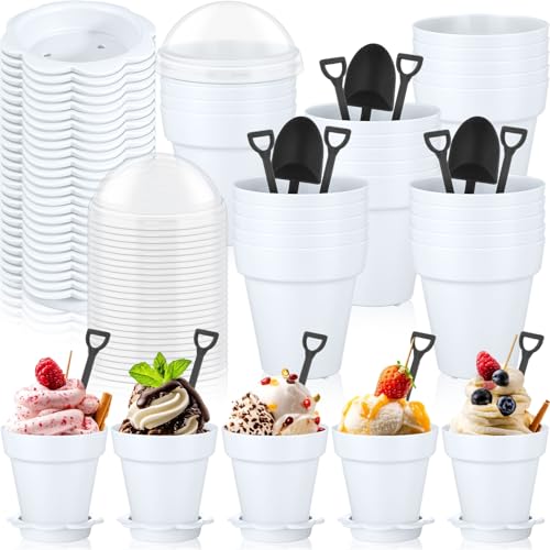 Honeydak 25 Pack Flowerpot Dessert Cup Plastic Cake Cups with Lid Shovel Spoon Mini Flower Pot Dessert Cups Ice Cream Yogurt Cupcake Holder Containers for Birthday Party Supplies DIY Baking(White) - color: White