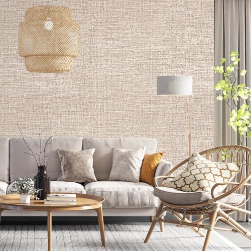 Khaki Grasscloth Peel and Stick Wallpaper 17.3"x300" Faux Linen Textured Contact Paper Removable Self Adhesive Vinyl Wallpaper for Bedroom Bathroom - color: Khaki, size: 17.3" x 300"