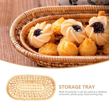 STAHAD Hand Woven Rattan Serving Tray Natural Food Storage Plate Decorative Basket for Tea Fruit Snacks Photography Prop Rustic Home Decor
