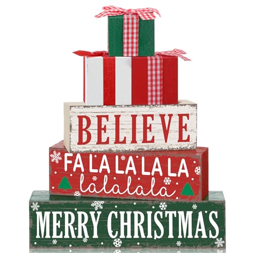 Geelin 4 Pieces Merry Christmas Wooden Table Decorations Xmas Wood Gift Boxes Decor Rustic Christmas Tiered Tray Decor Xmas Believe Tabletop Centerpieces for Home Desk Room Kitchen Shelf - style: Gift