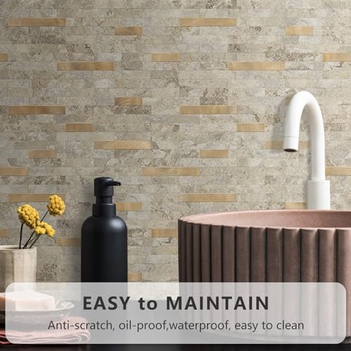 STICKGOO Peel and Stick Backsplash Tile, Stick on Backsplash for Kitchen and Bathroom, Stone Beige Marble Look PVC Mixed Metal Gold Self Adhesive Wall Tiles(10 Sheets) - color: Stone Beige with Metal Gold