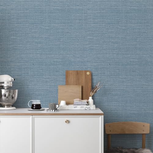 JiffDiff Grasscloth Wallpaper Peel and Stick 1181" x 17.3" Blue Cream Grassweave Stick on Wallpaper Textured Self Adhesive Wall Paper Contact Paper - color: Dark Blue, size: 17.3" x 1181"