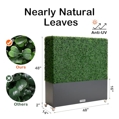 Artificial Boxwood Hedge Wall with Dark Grey Planter Box and Wheels, Greenery Fake Faux Grass Panels Backdrop Divider 48" WX50 HX14 D - size: 48"wx50"hx14"d