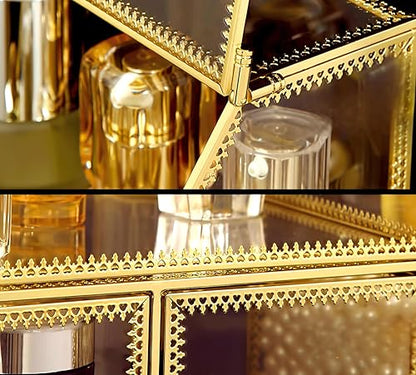 Large Glass Makeup Organizer Drawer Set Beauty Storage Bathroom Counter Organizer Cosmetic Display with Pearl (16in)